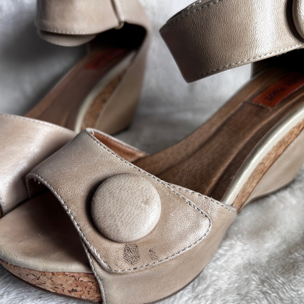 Miz Mooz Metallic Taupe Wedge Sandals with Button Accents - Picture 3 of 9